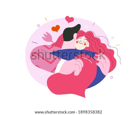 Embracing couple - Valentines day graphics. Modern flat vector concept illustration - a young hetoresexual couple hugging. Woman holds a big heart and flower. Cute characters in love concept