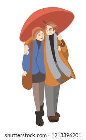 embracing couple walks under umbrella. stylized illustration