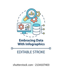 Embracing data with infographics concept icon. Stats perform. Marketing trend abstract idea thin line illustration. Isolated outline drawing. Editable stroke. Arial, Myriad Pro-Bold fonts used