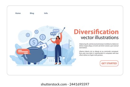 Embracing diversification in savings. An ambitious woman allocates funds in varied avenues, ensuring her piggy bank grows steadily. Wise financial spread for future security. Flat vector illustration.