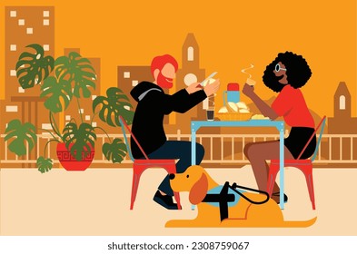 Embracing Diversity in Daily Life - Love, Support, and City Views: Interracial Couple, White Man and Black Visually Impaired Woman, Enjoying a Meal with Enjoying a Meal on the Home Balcony