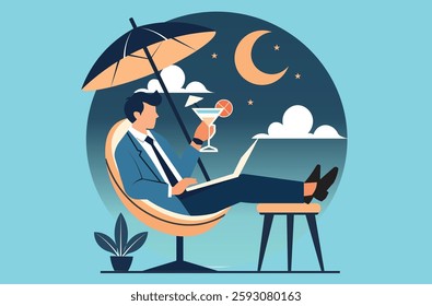 Embracing the flexible work lifestyle. Businessman working remotely from a cocktail glass, enjoying the freedom and flexibility of hybrid work. Work anywhere, anytime concept.
