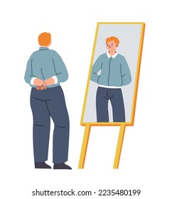 Embracing good and bad sides of personality, isolated male character looking at reflection in mirror. Man or teenager with upset facial expression. Personage with self esteem. Vector in flat style