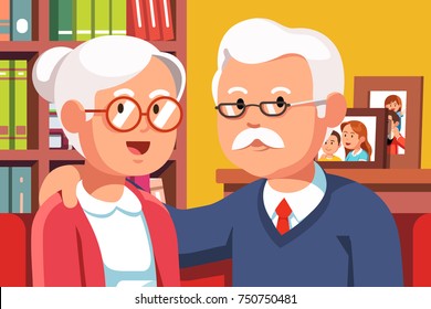 Embracing grandfather and grandmother family couple portrait illustration. Elder silver haired people. Two old persons man & woman at home interior. Flat style vector isolated on apartment background.