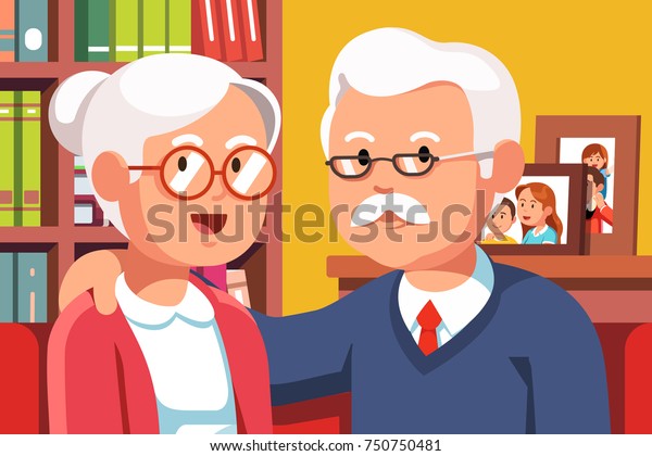 Embracing grandfather and grandmother family\
couple portrait illustration. Elder silver haired people. Two old\
persons man & woman at home interior. Flat style vector\
isolated on apartment\
background.