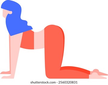 Embracing a healthy lifestyle, a young woman practices yoga, gracefully executing the cow pose on a clean white background, dressed in a vibrant red and blue outfit