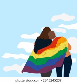 An embracing LGBT couple. A couple of girls in love covered with an LGBT community flag against the sky. The concept of a homosexual, a gay community, a tolerant LGBTQ society.