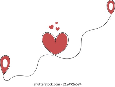 Embracing long distance in hearts - long distance relationship concept. Continuous one line drawing. Minimal art.