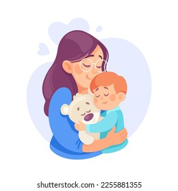 Embracing Mom and Son Loving and Feeling Happy Vector Illustration