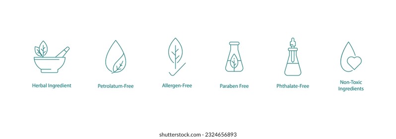 Embracing Natural Beauty: Vector Icons for Herbal, Petroleum-Free, Allergen-Free, and Non-Toxic Skincare Ingredients