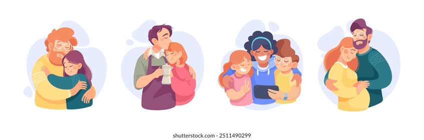 Embracing People Character Loving and Feeling Happy Vector Illustration Set