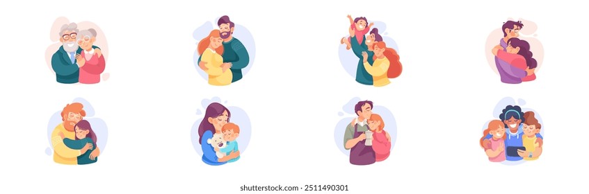 Embracing People Character Loving and Feeling Happy Vector Illustration Set