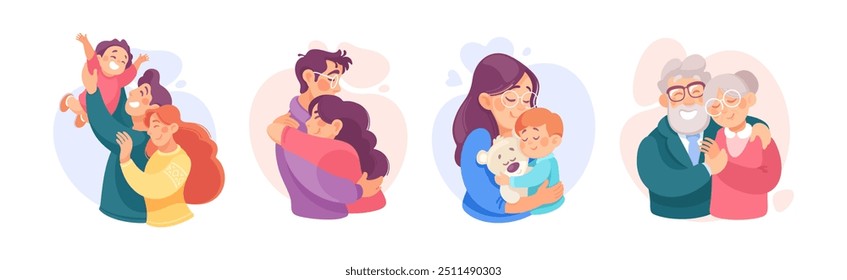 Embracing People Character Loving and Feeling Happy Vector Illustration Set