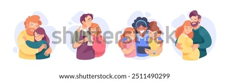 Embracing People Character Loving and Feeling Happy Vector Illustration Set
