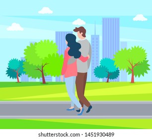 Embracing people in love and summer season, man and woman walking outdoors, buildings on background. Vector hugging couple back view, happy lovers