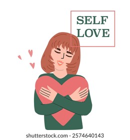 Embracing self love concept with woman hugging heart for wellness design.