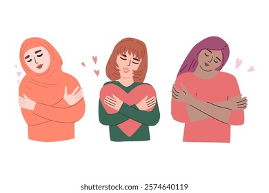 Embracing self love and diversity in women involving heart-filled hugs.