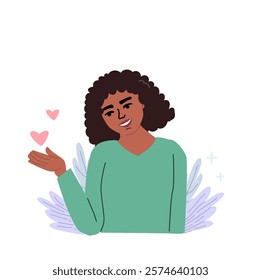 Embracing self love and positivity illustration of a woman with heart symbols.