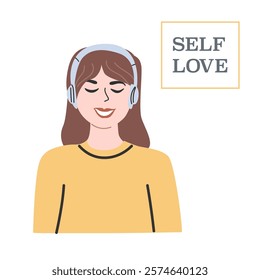 Embracing self love with a smiling woman listening to music.