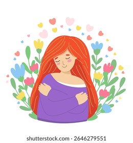 Abraçando o amor-próprio - uma mulher em harmonia consigo mesma, com flores e corações simbolizando bondade e bem-estar emocional. Ideal para temas de bem-estar, positividade corporal e atenção plena.