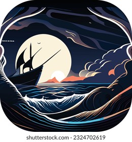 Embracing the Shadows: A Transformative Night Sea Journey to Reclaim Our Lost Selves, Reuniting Shadows: Old sail ship braving the waves of a wild stormy sea at night, icon, logo, poster 