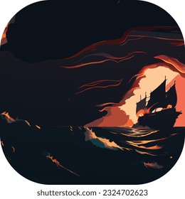 Embracing the Shadows: A Transformative Night Sea Journey to Reclaim Our Lost Selves, Reuniting Shadows: Old sail ship braving the waves of a wild stormy sea at night, icon, logo, poster 