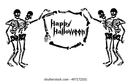 Embracing skeletons are holding the frame made of bones with inscription Happy Halloween. Isolated on white background. Can be used as a greeting card or invitation.