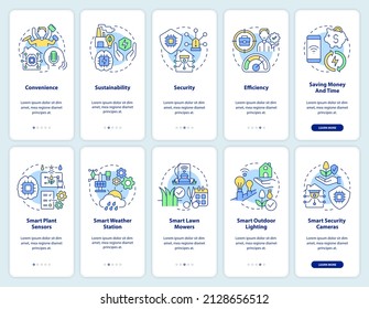 Embracing smart technology onboarding mobile app screen set. Farming walkthrough 5 steps graphic instructions pages with linear concepts. UI, UX, GUI template. Myriad Pro-Bold, Regular fonts used
