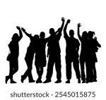 Embracing student friends waving hands vector silhouette illustration isolated. Happy boys and girls tourists hand wave saying hi to host. Send off people. Couples in love enjoy, goodbye family friend