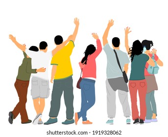 Embracing student friends waving hands vector illustration isolated on white. Happy boys and girls tourists hand wave saying hi. Send off sign people. Young couples in love enjoy in summer travel.