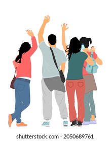 Embracing student friends waving hands vector illustration isolated on white. Happy boy and girls tourist hand wave saying hi. Send off sign people. Couple in love and roommate enjoy in summer travel.