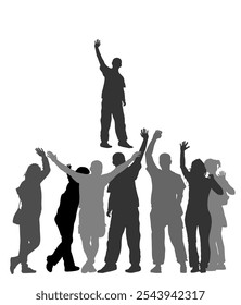 Embracing student friends waving hands vector silhouette illustration isolated. Happy boys and girls tourists hand wave saying hi to host. Send off people. Couples in love enjoy, goodbye family friend