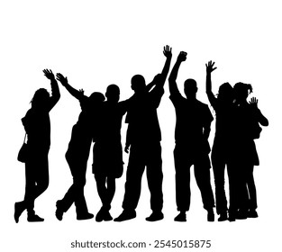 Embracing student friends waving hands vector silhouette illustration isolated. Happy boys and girls tourists hand wave saying hi to host. Send off people. Couples in love enjoy, goodbye family friend