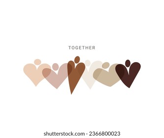 Embracing Unity: Overlapping Hearts with heads Representing Diversity and Inclusion, text "together"