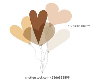 Embracing Unity: Overlapping Hearts Representing Diversity and Inclusion, airballons in skin tones, text " diverse unity"