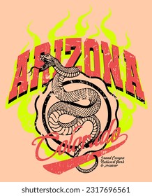 Embracing a vintage aesthetic, this t-shirt boasts a varsity style design with a captivating snake illustration, beautifully integrating Arizona and Colorado elements in its graphic print