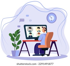 Embracing the work-from-home lifestyle. Employees collaborate via video calls, discussing projects and attending online briefings with coworkers in a webcam-based group conference. Flat style vector