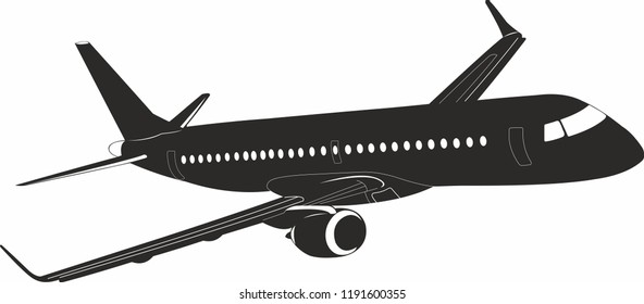 Embraer 195 aircraft vector. Black and white vector airplane. Vector illustration