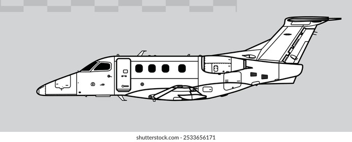 Embraer EMB-500 Phenom 100. Vector drawing of light business jet aircraft. Side view. Image for illustration and infographics.