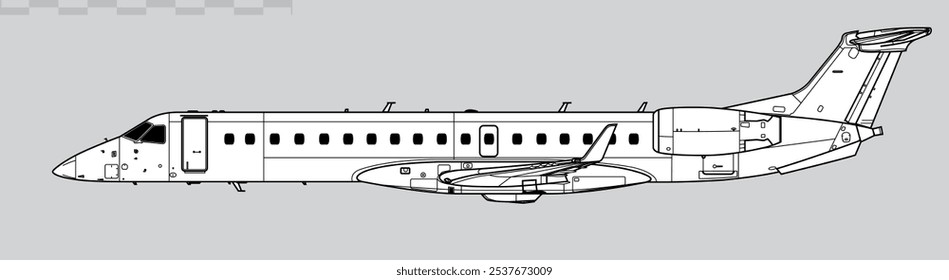 Desenho vetorial do avião a jato regional. Vista lateral. Imagem para ilustração e infográficos.