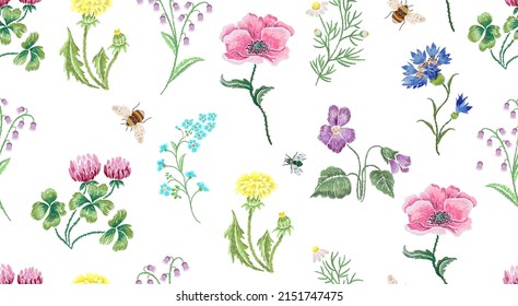 Embridery  florall seamless pattern with wild flowers. Vector  embroidered template with flowers fashion design on black background