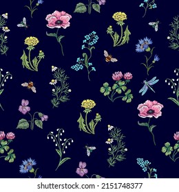 Embridery florall sin costura con flores silvestres, abejas, libélulas y moscas. Plantilla bordada de vectores con diseño de moda de flores sobre fondo negro