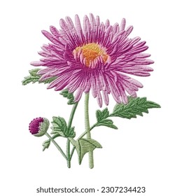 Embroidered 3d aster flower. Embroidery floral colorful vector pattern background illustration. Tapestry beautiful stitch textured flower. Stitching lines surface texture. Isolated design on white.