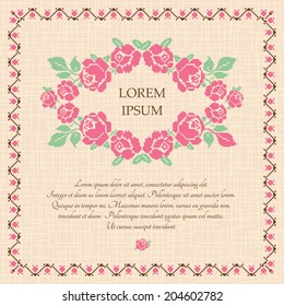 Embroidered background with pink roses