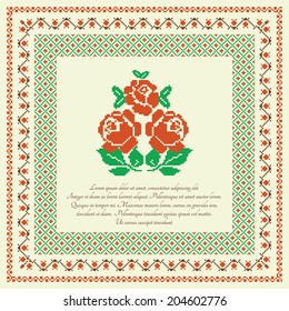 Embroidered background with red roses