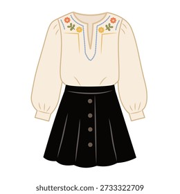Embroidered blouse with button skirt in flat style for women outfit themes. Perfect for fashion sets, editorials, and lifestyle designs.