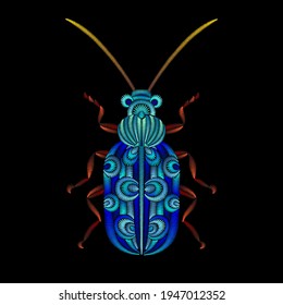 Embroidered blue beetle. Decorative element for embroidery, patches, stickers, badges, print for t-shirts.