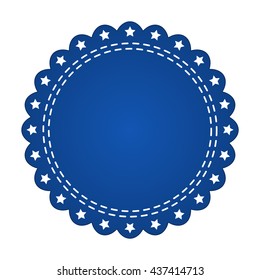 Embroidered blue round ribbon stamp isolated on white. Can be used for banner, award, sale, icon, logo, label etc. Vector illustration