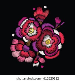 Embroidered bouquet. Abstract Pink Flowers on a black background for embroidery, patches and stickers. Vector Illustration.