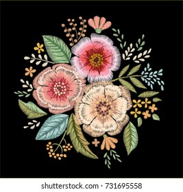 Embroidered bouquet of flowers. Design element. Floral print.